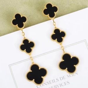 18K Gold Onyx Four-Leaf Clover Triple Earrings